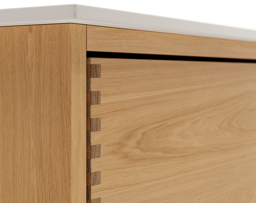 120 cm Naturolieret Just Wood Push badmøbel med 4 skuffer og Solid Surface bordplade - Højre