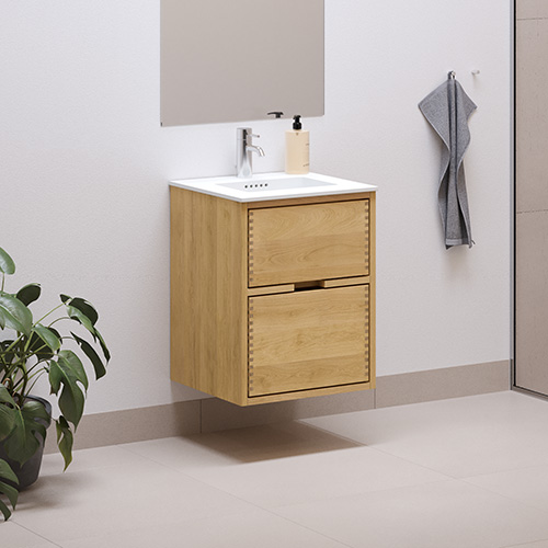 43,8 cm Naturolieret Just Wood badmøbel med 2 skuffer og Solid Surface bordplade