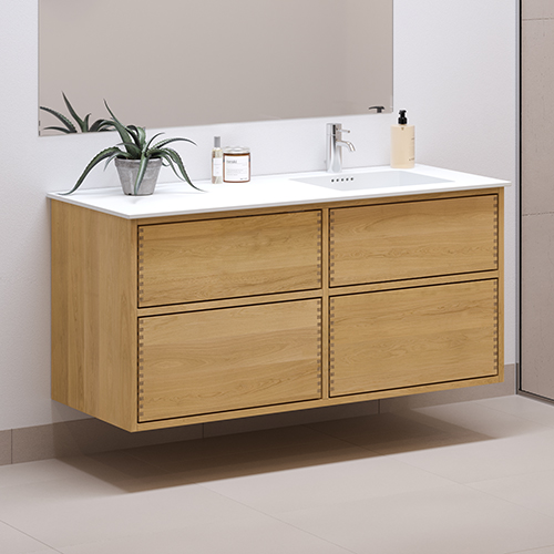 120 cm Naturolieret Just Wood Push badmøbel med 4 skuffer og Solid Surface bordplade - Højre