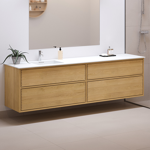 200 cm Naturolieret Just Wood Push badmøbel med 4 skuffer og Solid Surface bordplade - Venstre